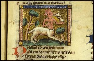 rękopis, rysunek, pilosus - bujnie owłosione stworzenie o torsie człowieka z łapami i ogonem ssaka