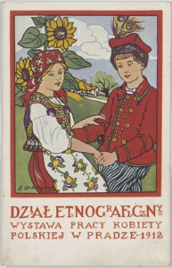 rysunek dziewczynki i chłopca w strojach krakowskich trzymających się za ręce podpisany: Dział etnograficzny Wystawa pracy kobiety polskiej w Pradze 1912