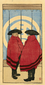Rysunek dwóch osób w czerwonych pelerynach i czarnych nakryciach głowy