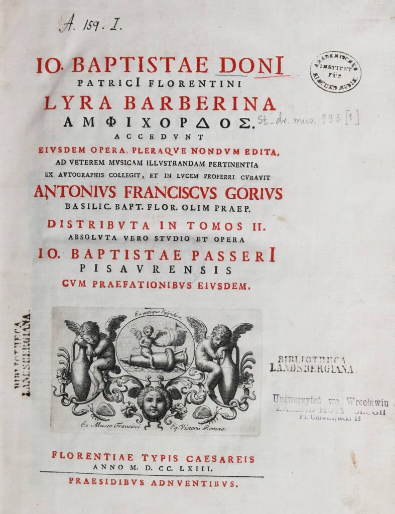 Strona tytułowa traktatu z pieczęciami „Bibliotheca Landsbergiana”
