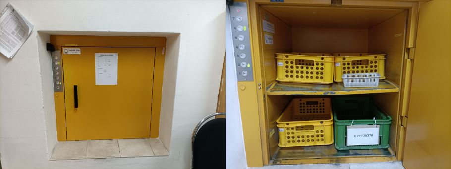 połączone 2 zdjęcia: po lewej zamknięte żółte drzwi, po prawej wnętrze żółtego metalowego pudła z półką w środku i 4 skrzynkami wewnątrz