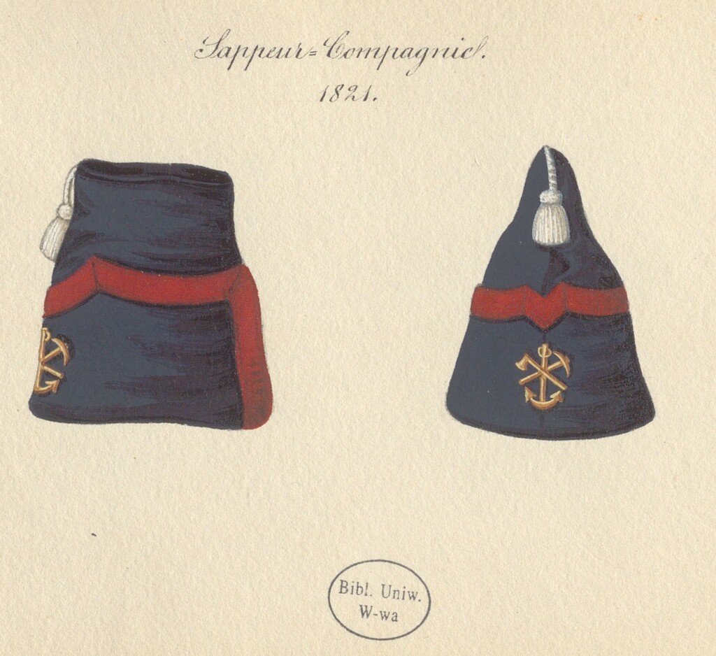 Rysunek granatowej czapki żołnierza pruskiego w dwóch rzutach - z przodu i z boku.
