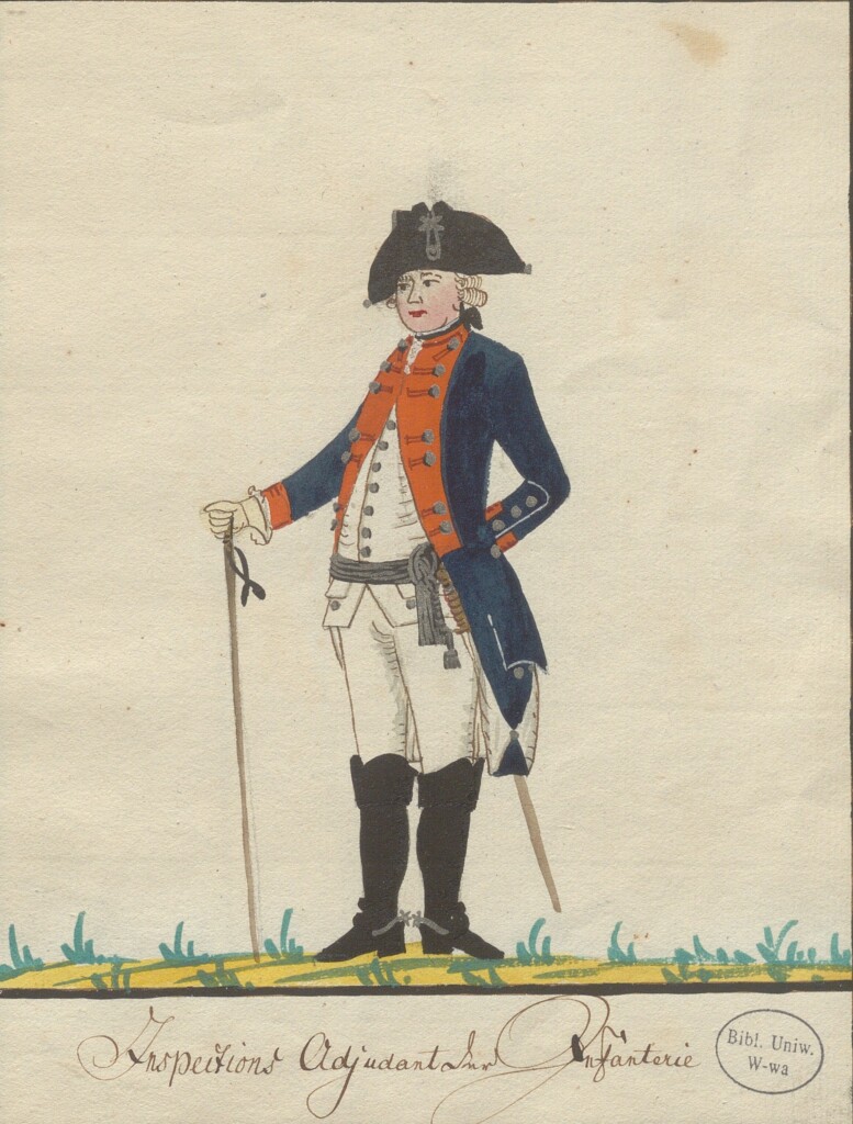 Rysunek żołnierza pruskiego z XVIII w w granatowym uniformie.