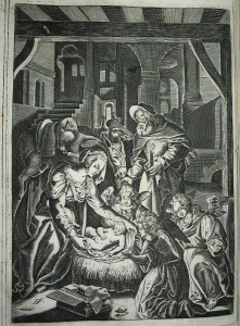 Matka Boska klękająca przez dzieciątkiem – miedzioryt sztychował Jerôme David (ok. 1605-1670; monogram HDF) wg rysunku Jacques’a Stelli (1596-1657) [w:] „Officium Beatissimae Mariae Virginis”. Wenecja, druk. dziedzice Bonifacia Ciery, 1644; sygn. 7.38.1.15