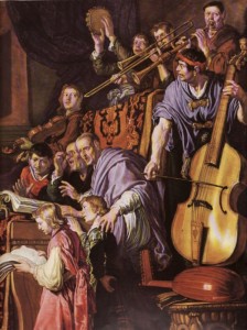 Wczesnobarokowy chór wokalno-instrumentalny (fragm. obrazu Dawid w świątyni Pietera Lastmana, 1618)