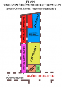 Plan pomieszczeń głównych Biblioteki Wydziału Chemii UW. fragment ulotki informacyjnej dla studentów I roku
