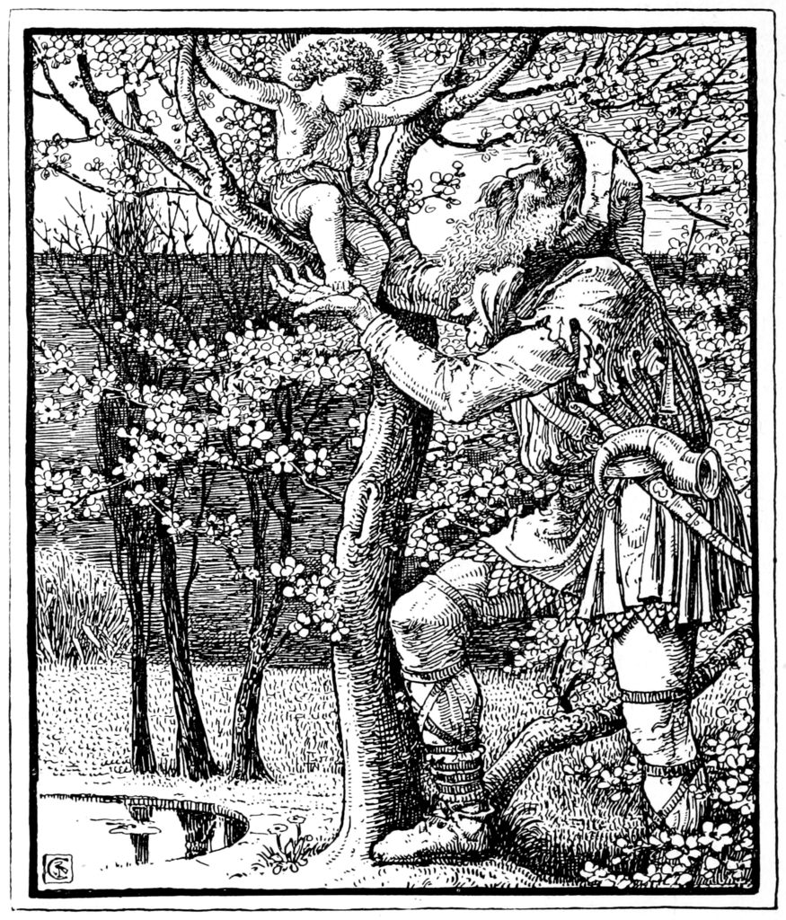 grafika czarno biała, olbrzym zdejmuje dziecko z kwitnącego drzewa owocowego