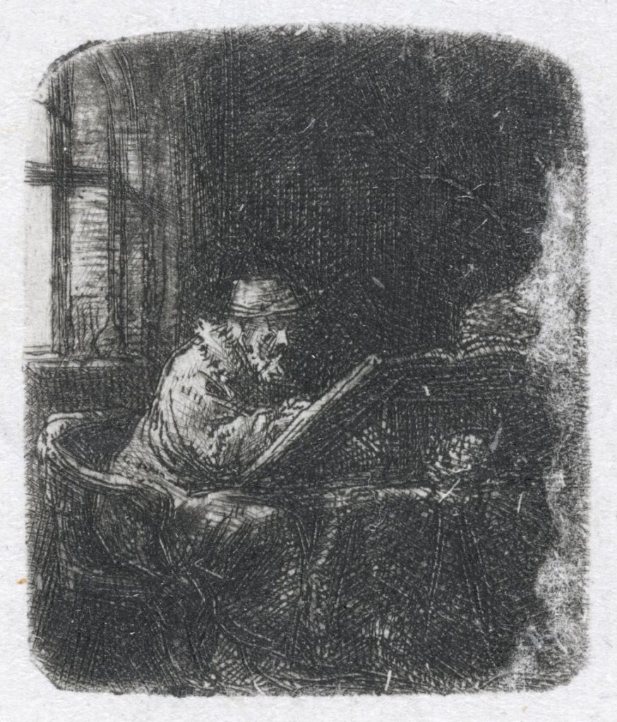 rysunek, siedzący mężczyzna pochylony nad księgą rozłożoną na pulpicie