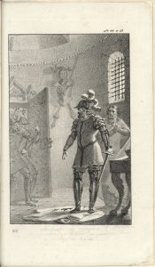 Rycina przedstawiająca wchodzące do sali zamkowej straże, w niej znajduje się rycerz z pióropuszem na hełmie
