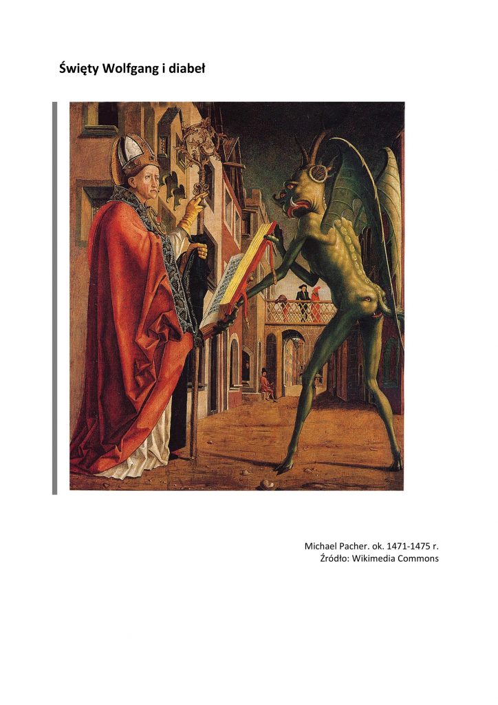 Grafika przedstawiająca biskupa - Świętego Wolfganga oraz diabła pokazującego mu otwartą księgę na ulicy miasta