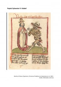 Iluminowana karta rękopisu. Na ilustracji przedstawiony człowiek w koronie w białej szacie z czerwnoym płaszczem oraz diabeł, którego ciało składa się z wielu twarzy.
