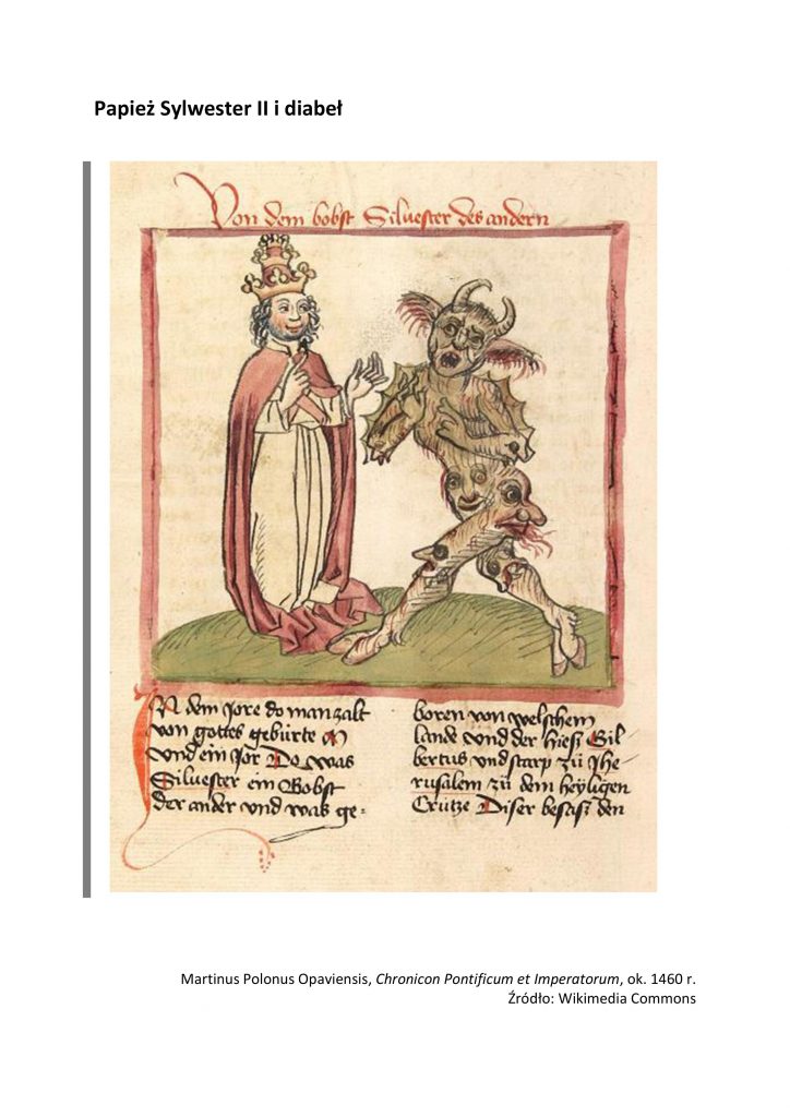 Iluminowana karta rękopisu. Na ilustracji przedstawiony człowiek w koronie w białej szacie z czerwnoym płaszczem oraz diabeł, którego ciało składa się z wielu twarzy.