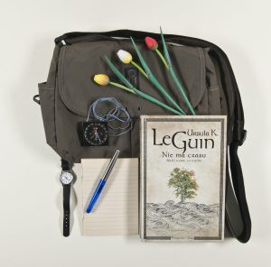 Zdjęcie torby z wyłożoną na nią zawartością składającą się z książki Nie ma czasu oraz trzech tulipanów, kompasu, zegarka długopisu oraz notatnika.