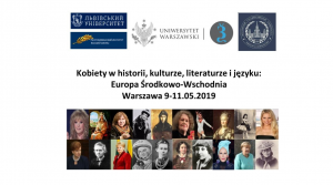 Grafika zawierająca tytuł konferencji: Kobiety w historii, kulturze, literaturze i języku. Na obrazku również zdjęcia wybranych znanych kobiet, m.in. Maria Curie-Skłodowska, Angela Merkel, Pamela Anderson.