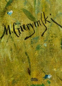Okładka książki Maksymilian Gierymski katalog dzieł zebranych, na niej zbliżenie na podpis malarza na obrazie.