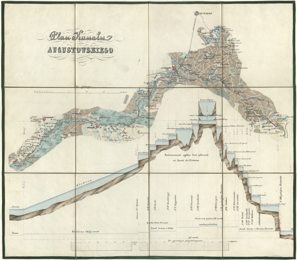 Zdjęcie mapy kanału Augustowskiego. Widok jego przebiegu na fragmencie mapy oraz jego przekrój poprzeczny z zaznaczonymi ważnymi punktami.