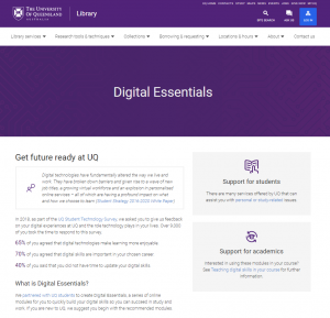 Zrzut ekranu przedstawiający stronę internetową Kursu Digital Essentials The University of Queensland. Strona w kolorach białym i fioletowym.