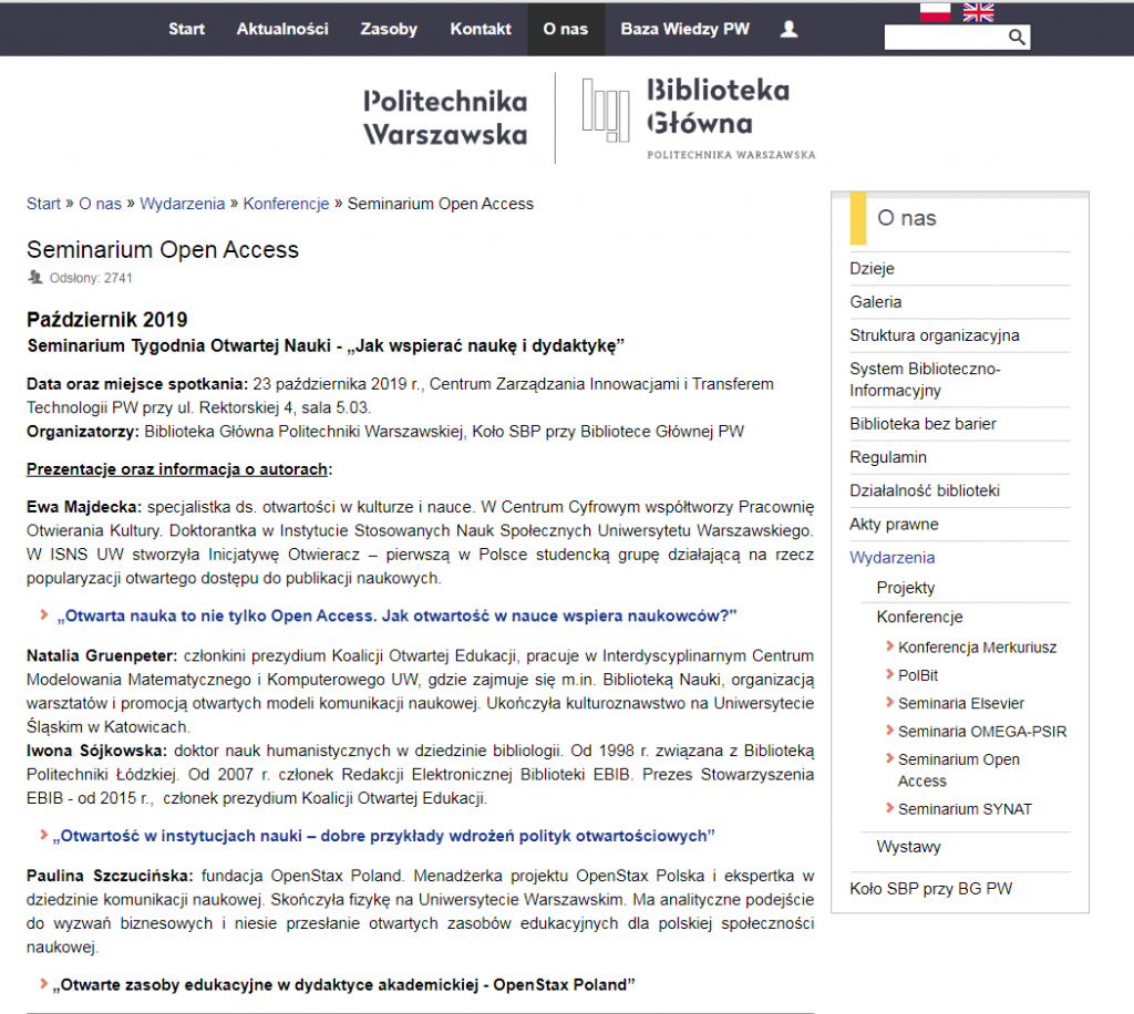zrzut ekranu strony Biblioteki Głównej Politechniki Warszawskiej z informacjami o prelegentach seminarium o Open Access