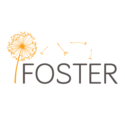 Logo projektu FOSTER. Dmuchawiec w kolorze żółtym i napis FOSTER w kolorze czarnym na białym tle.