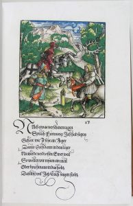 Theuerdank Melchiora Pfintzinga ze zbiorów Gabinetu Starych Druków BUW. Karta ze starego druku zawierająca tekst gotykiem w kolorze czarnym oraz kolorową rycinę. Na rycinie dwóch mężczyzn na koniach, jeden pieszo oraz Jeleń. 