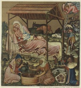 Obraz Matki Boskiej z Jezusem w symbolicznej stajence w otoczeniu zwierząt, ludzi i aniołów.