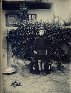 Fotografia młodego chłopca z psami, na tle ogrodzenia przy domu