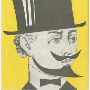Rysunek czarno-biały na żółtym tle. głowa eleganckiego mężczyzny w cylindrze. Ufryzowane wąsy i broda.