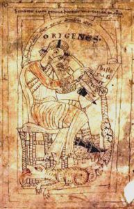 Średniowieczna grafika przedstawiająca siedzącego i piszącego mężczyznę.