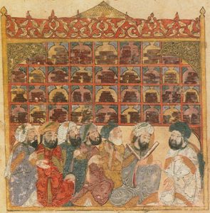Grafika z bliskiego wschodu przedstawiająca siedzących i czytających mężczyzn w tle półki ze zwojami.