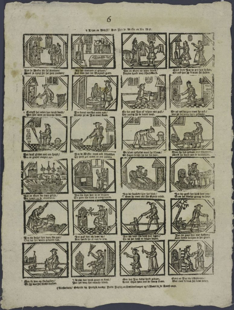 Karta z 24 rycinami przedstawiającymi sceny z życia Jana de Wassera i jego żony.