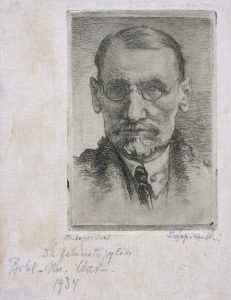 Portret mężczyzny z brodą w okularach. Rysunek ołówkiem.
