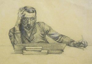 Rysunek brodatego mężczyzny w okularach pochylonego nad pulpitem do pisania.