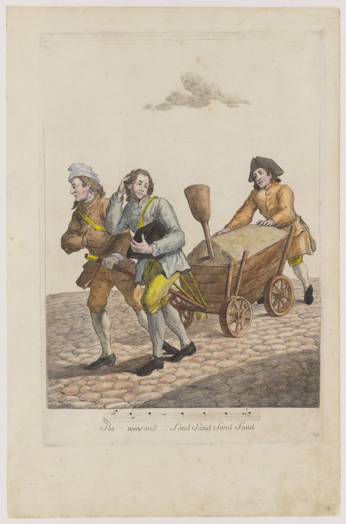 Rysunek przedstawiający dwóch mężczyzn ciągnących i jednego pchającego wózek z piaskiem.
