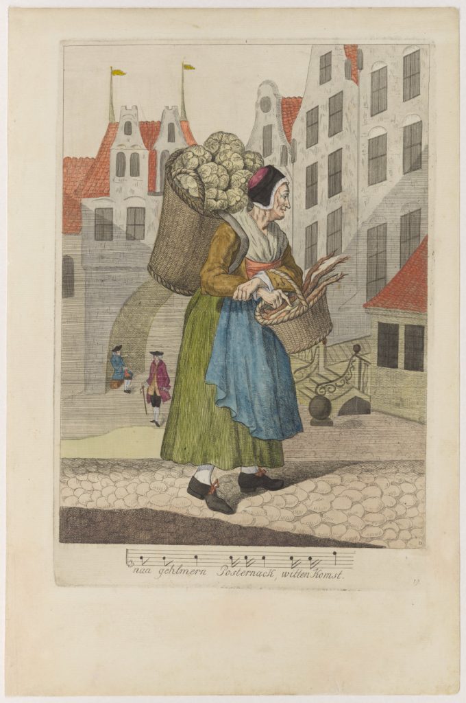 Rysunek przedstawiający starszą kobietę z koszem kapusty na plecach i koszykiem z pasternakiem na przedramieniu.