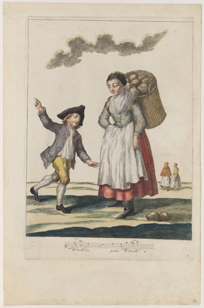 Rysunek przedstawiający kobitę z koszem na plecach oraz biegnącego przy niej chłopca.