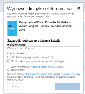 Zrzut ekranu przedstawiający wyskakujące okienko: Wypożycz książkę elektroniczną. Zawiera instrukcje dotyczące wypożyczenia książki elektronicznej.