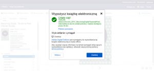 Zrzut ekranu przedstawiający wyskakujące okienki z napisem: Wypożycz książkę elektroniczną. Udało się"