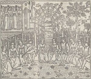 Monochromatyczna grafika przedstawiająca postaci siedzące w ogrodzie, dwie z nich grają na instrumentach.