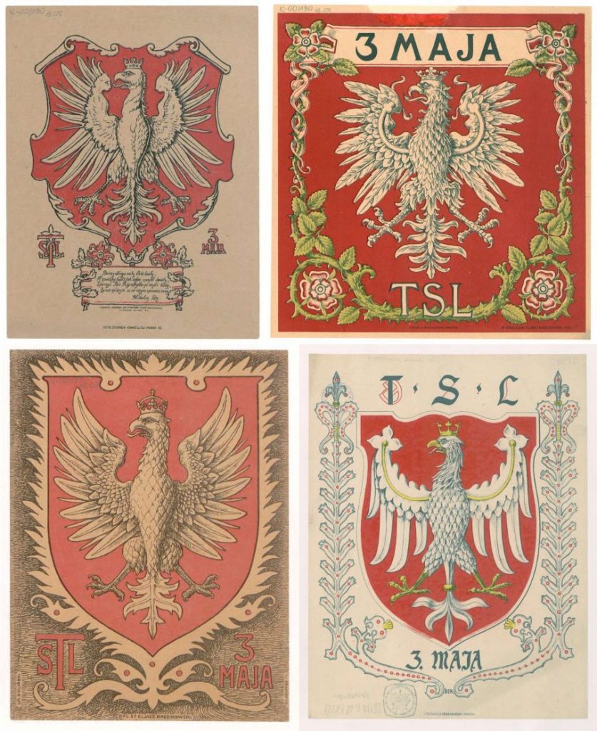 4 ilustracje przedstawiające orła białego w koronie i napisy 3 maja i TSL Towarzystwo Szkół Ludowych w różnych wariantach kompozycyjnych