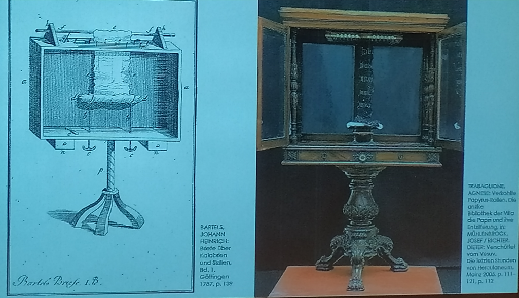 Na zdjęciu rysunek i fotografia oryginalnego sprzętu do rozwijania papiurusów z 1787 roku