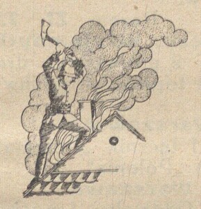 rysunek strażaka rąbiącego krokwie płonącego dachu