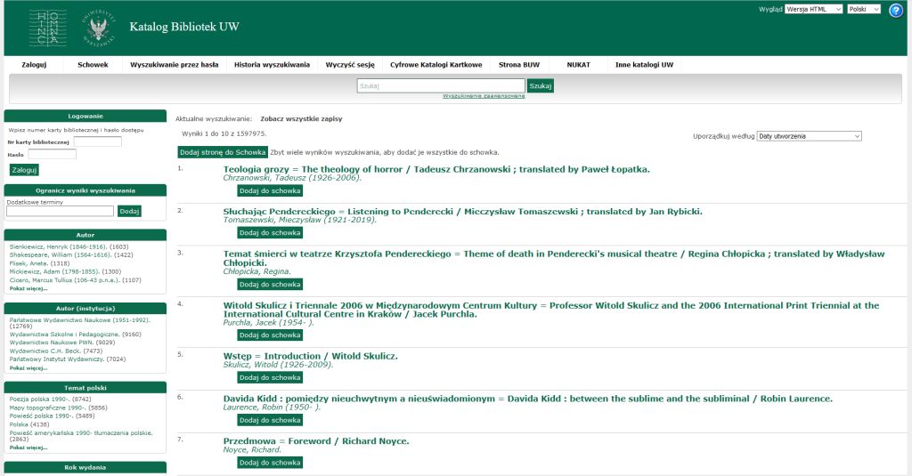 Zrzut ekranu katalogu bibliotecznego dostępnego w internecie.