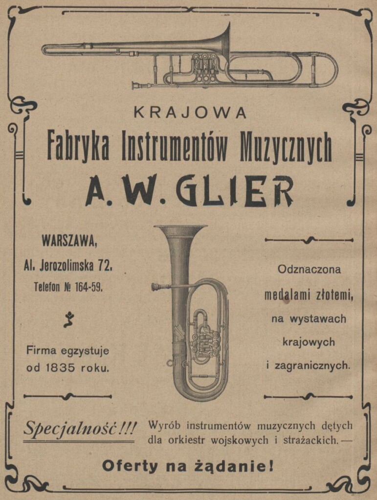 reklama instrumentów dętych, ryrunek puzona i tuby i tekst reklamy