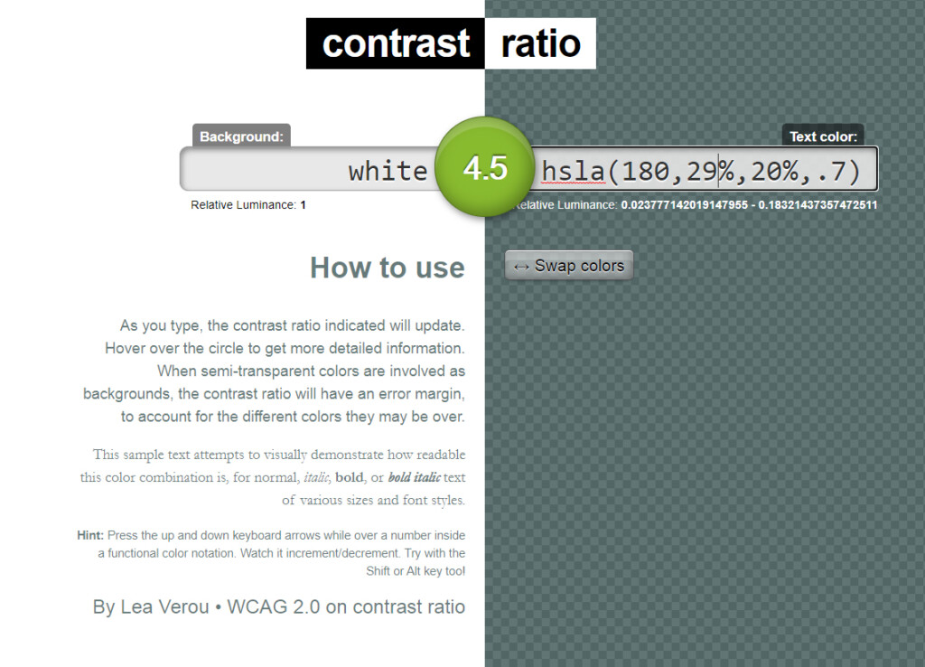 Zrzut ekranu ze strony internetowej www: https://contrast-ratio.com przedstawiający contrast ratio na poziomie 4.5