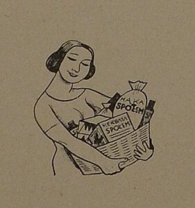 Rysunek górnej połowy kobiety obejmującej koszyk wypełniony produktami z napisami: mąka Społem i herbata Społem.