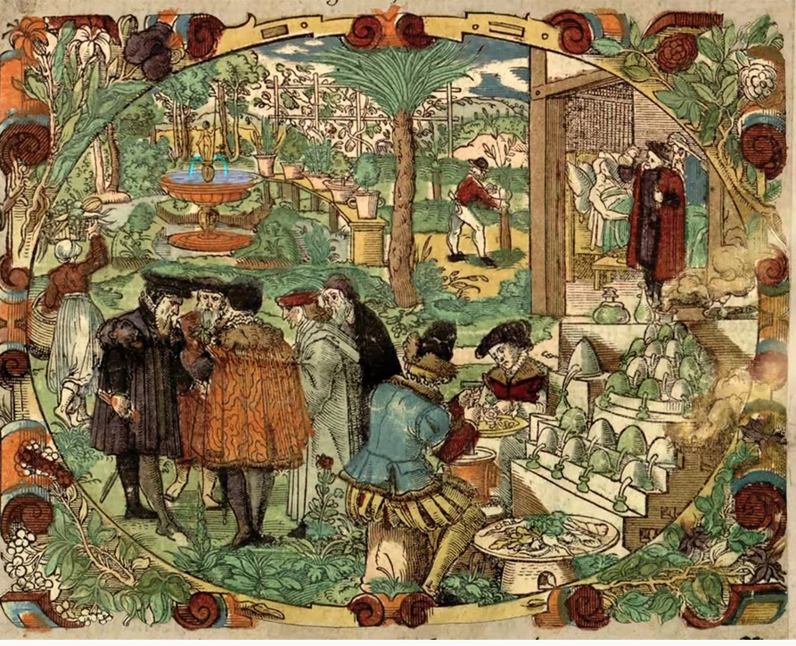 Zdjęcie ilustracji ze starego druku przedstawiające grupę rozmawiających mężczyzn w renesansowych strojach