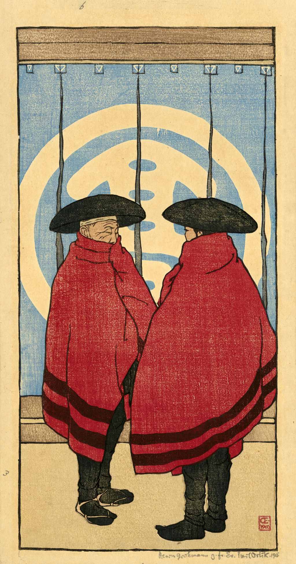 Rysunek dwóch osób w czerwonych pelerynach i czarnych nakryciach głowy