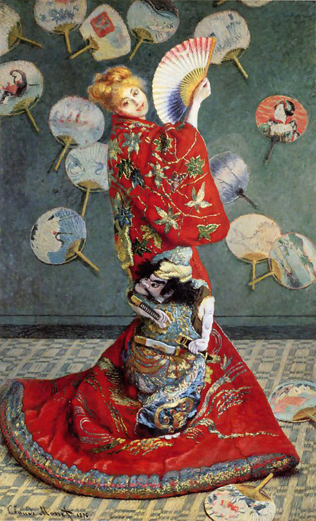 Obraz, na nim kobieta w stroju japońskim, w tle wachlarze