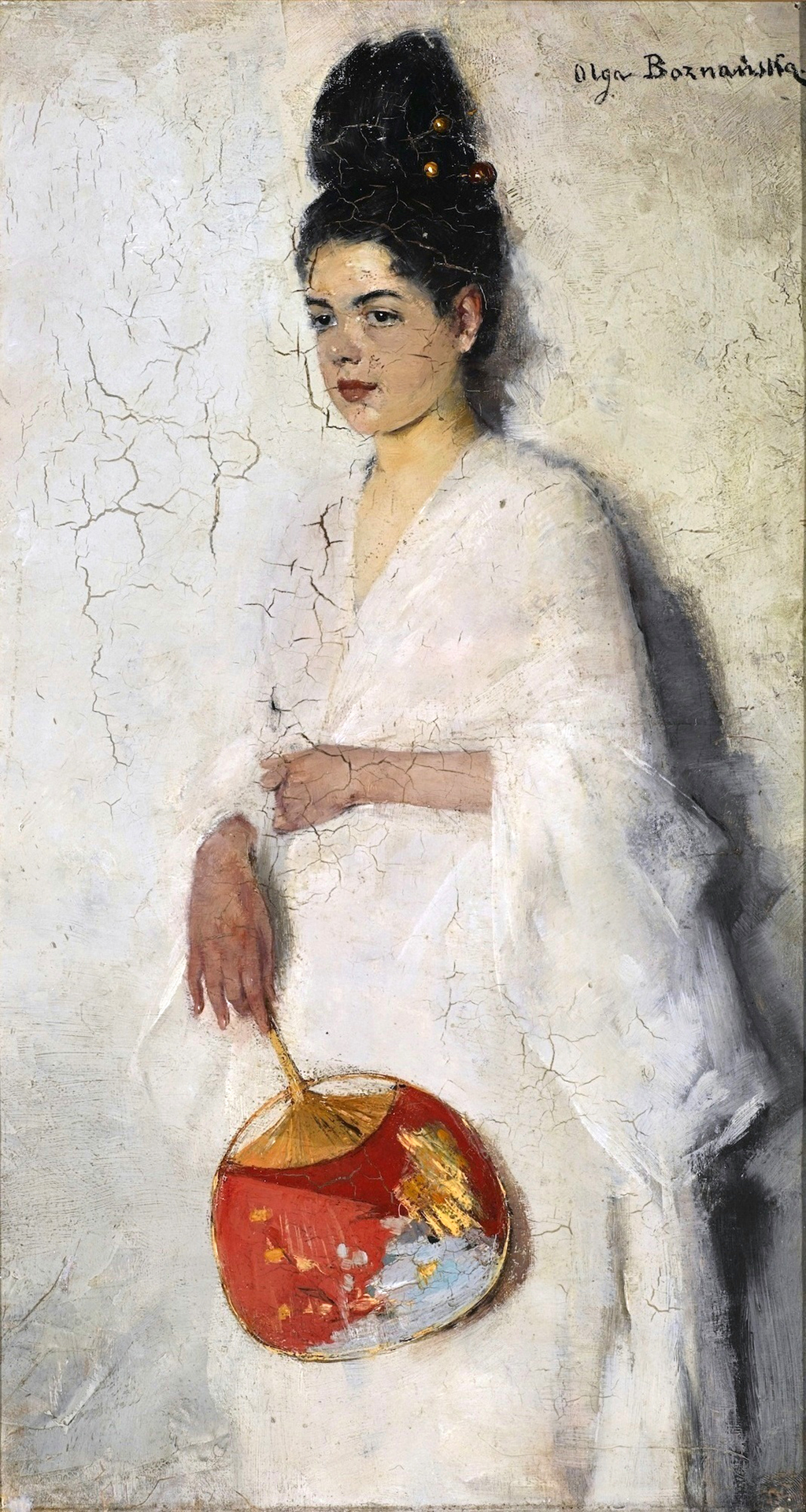 Obraz przedstawiający kobietę w białym kimonie z czerwonym wachlarzem