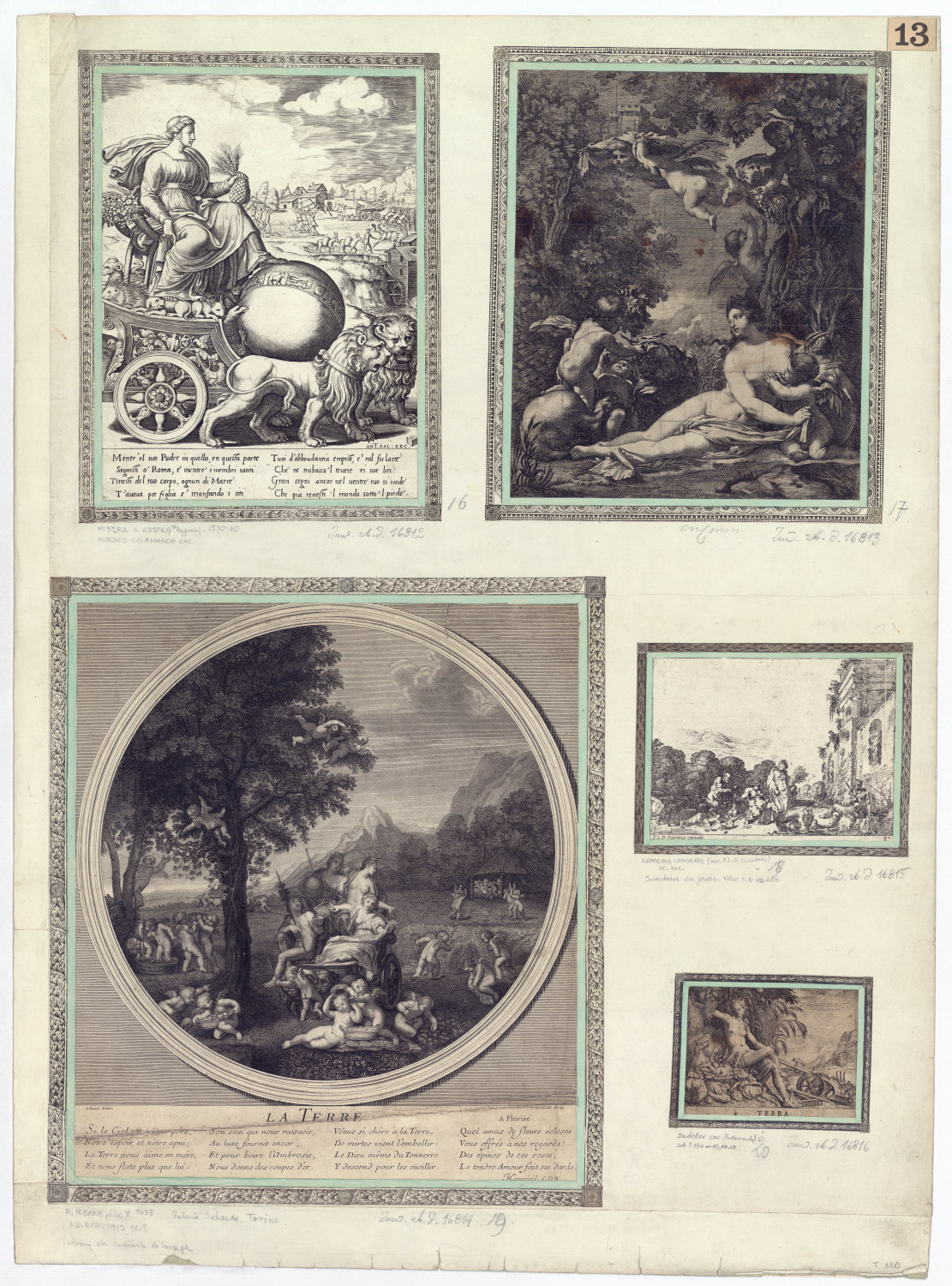 Karta z pięcioma rycinami przedstawiającymi postacie i sceny z mitologii greckiej i rzymskiej.
